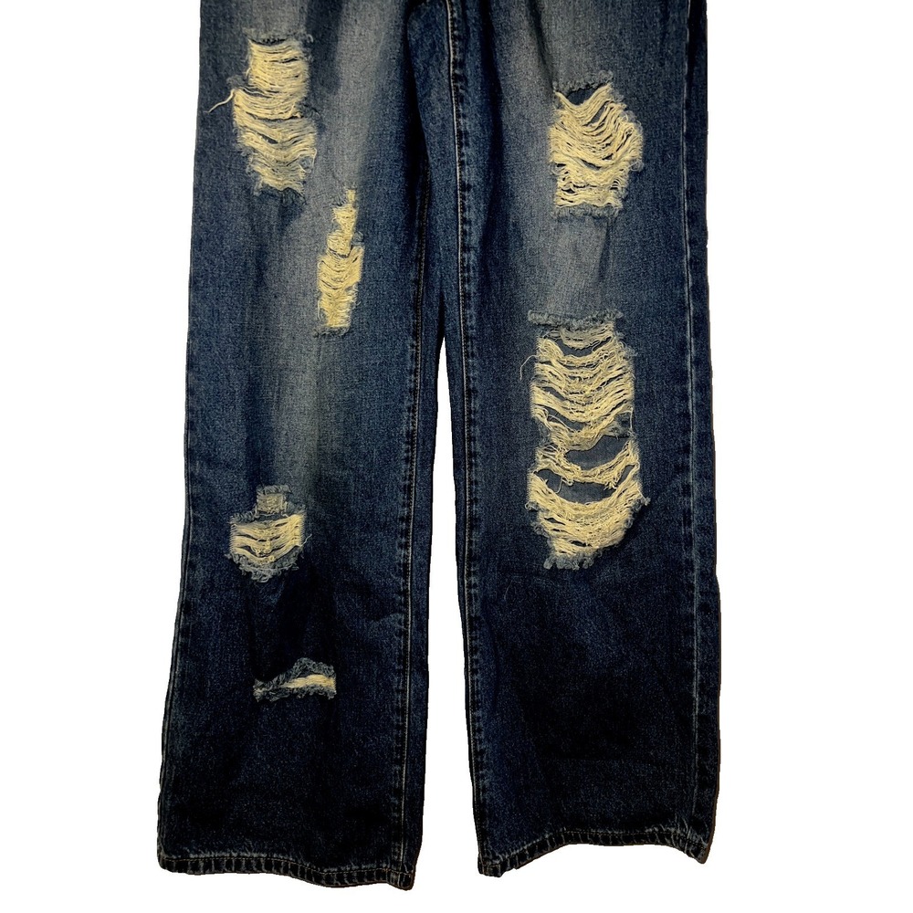 Fashion Nova Two Tone Double Waistband Distressed Wide Leg Jeans Medium Wash 3 - Picture 3 of 11
